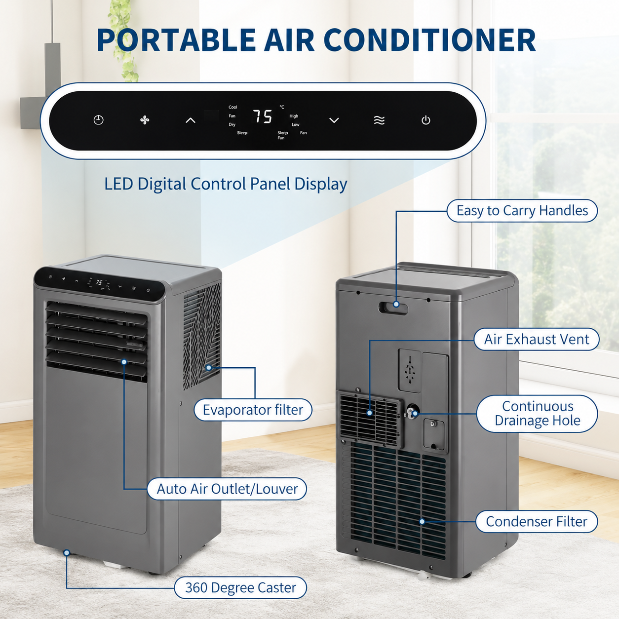 Polar Portable Air Conditioner 8,000 BTU | 3-in-1 Cooling, Dehumidifier & Fan| App & Remote Control - Black Grey