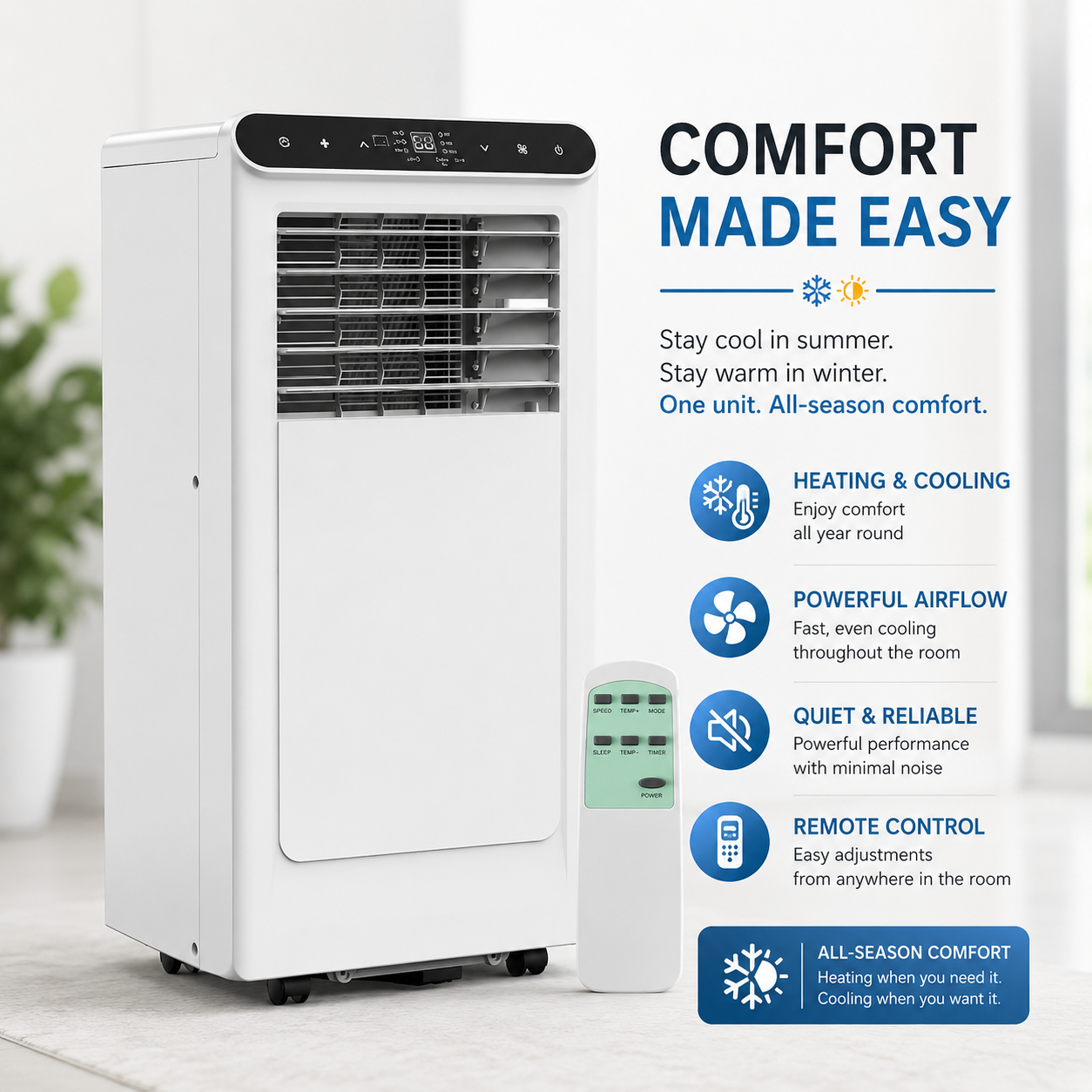 Home Portable Air Conditioner 8000 / 10000 BTU | 3-in-1 AC, Fan & Dehumidifier | Remote - White/Black/Grey